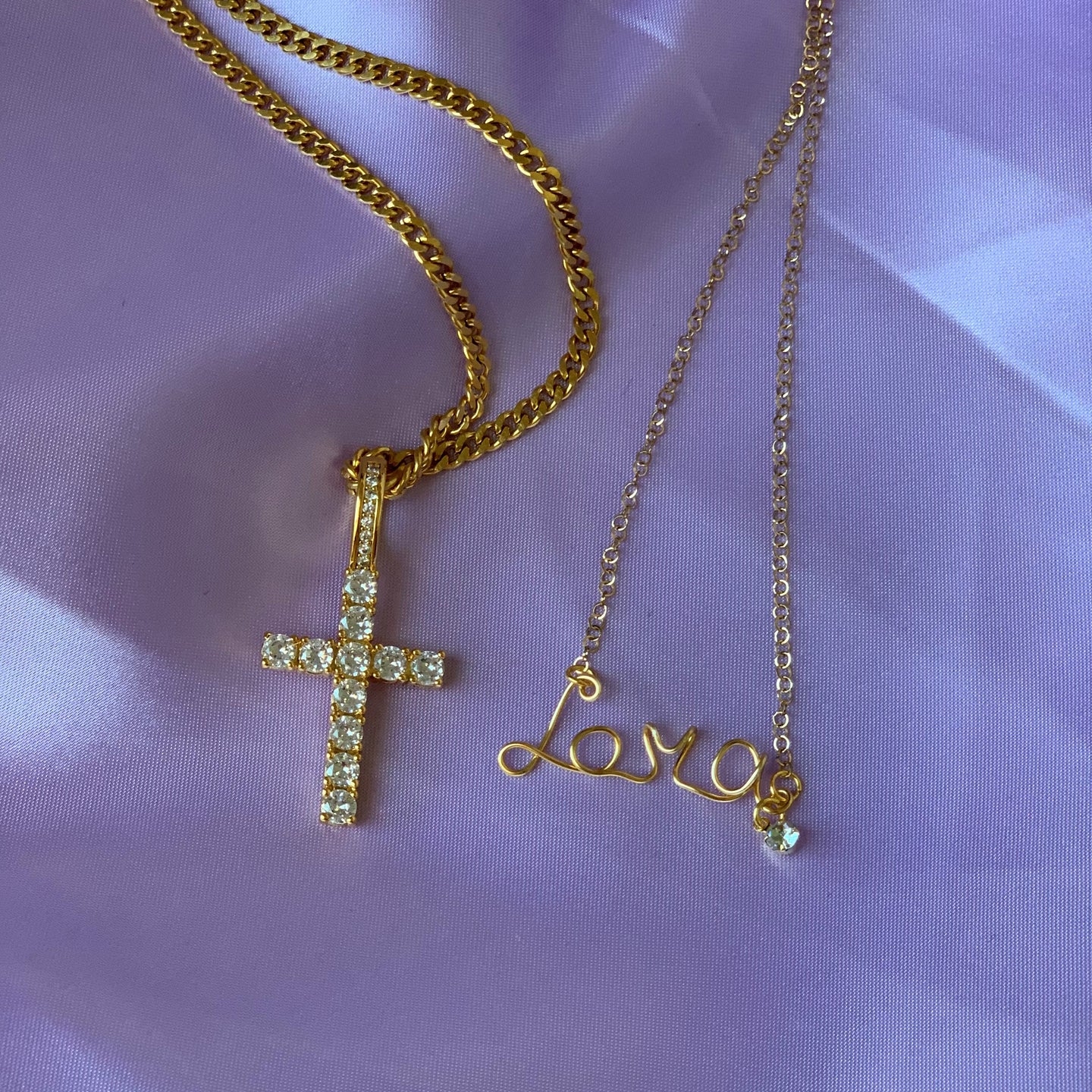 NECKLACE SET - Custom Wire Name + Crystal Cross
